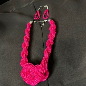 Hot pink seed bead roped necklace and earring set.